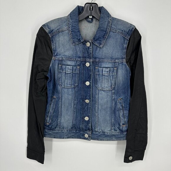Express Jackets & Blazers - Express  Denim Jean Jacket S Womens Black Faux Leather Long Sleeves Medium Wash